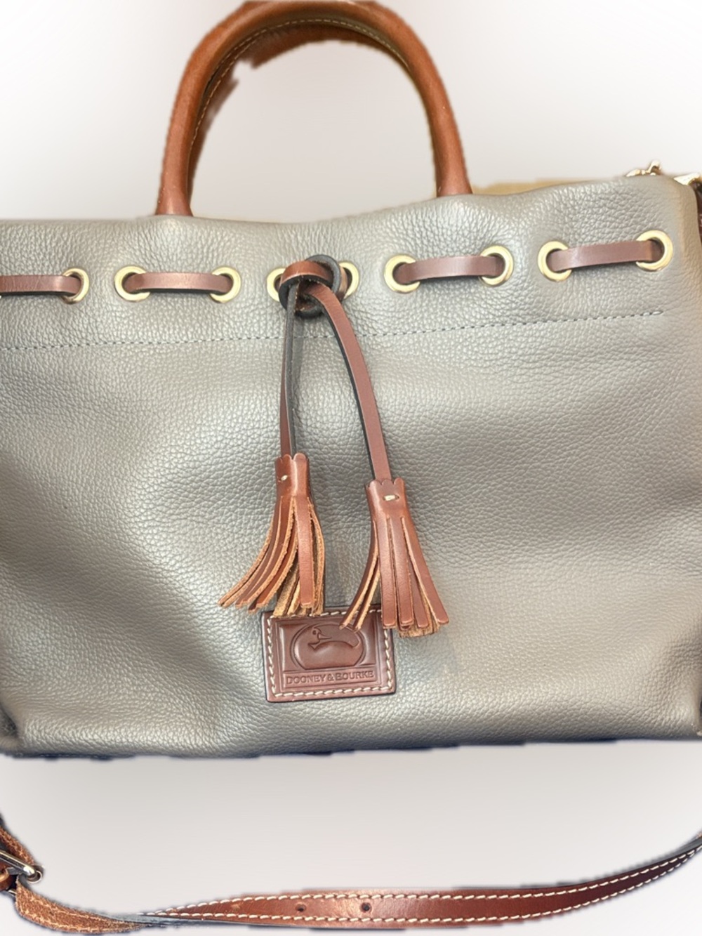 Dooney & Bourke Olive Leather Drawstring Tote with Brown Trim and Tassels